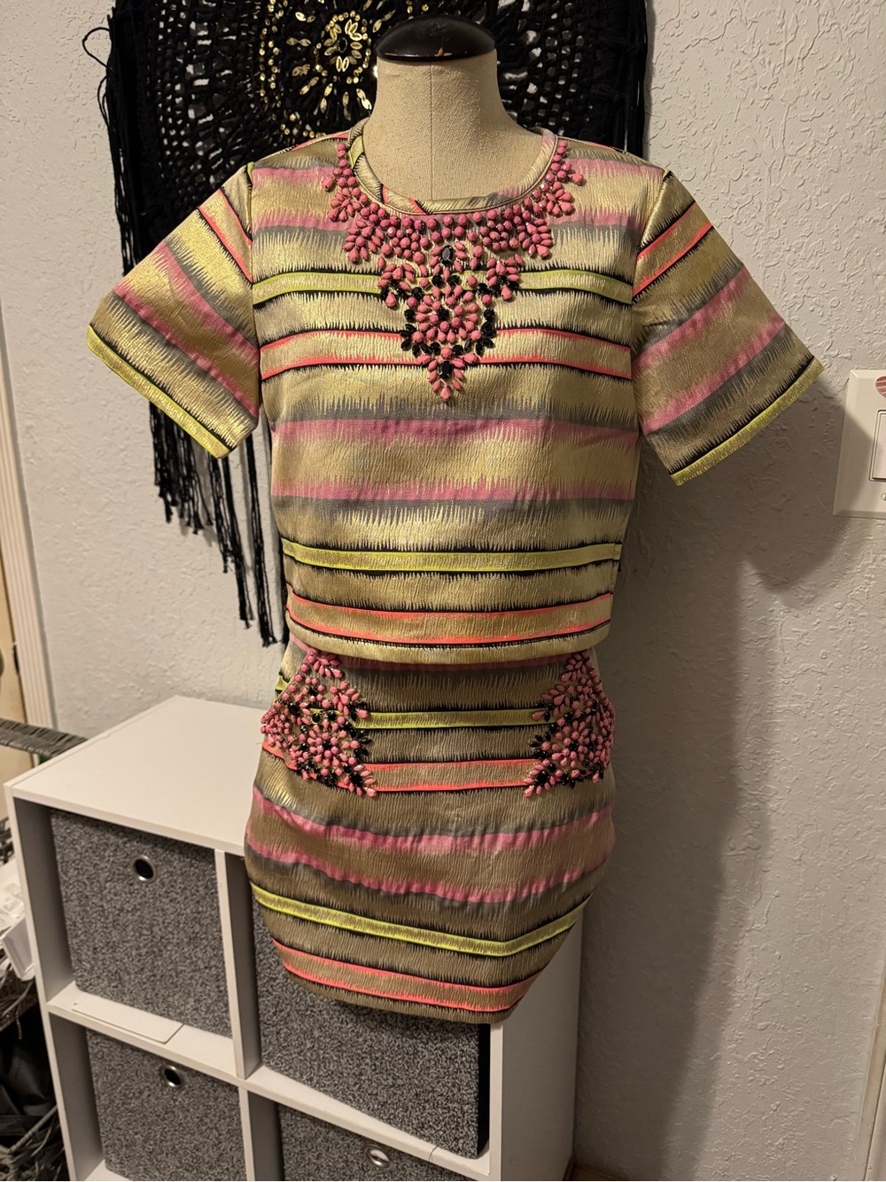 Multi color Striped Two-Piece Set with Pink/ black bead embellishments size S